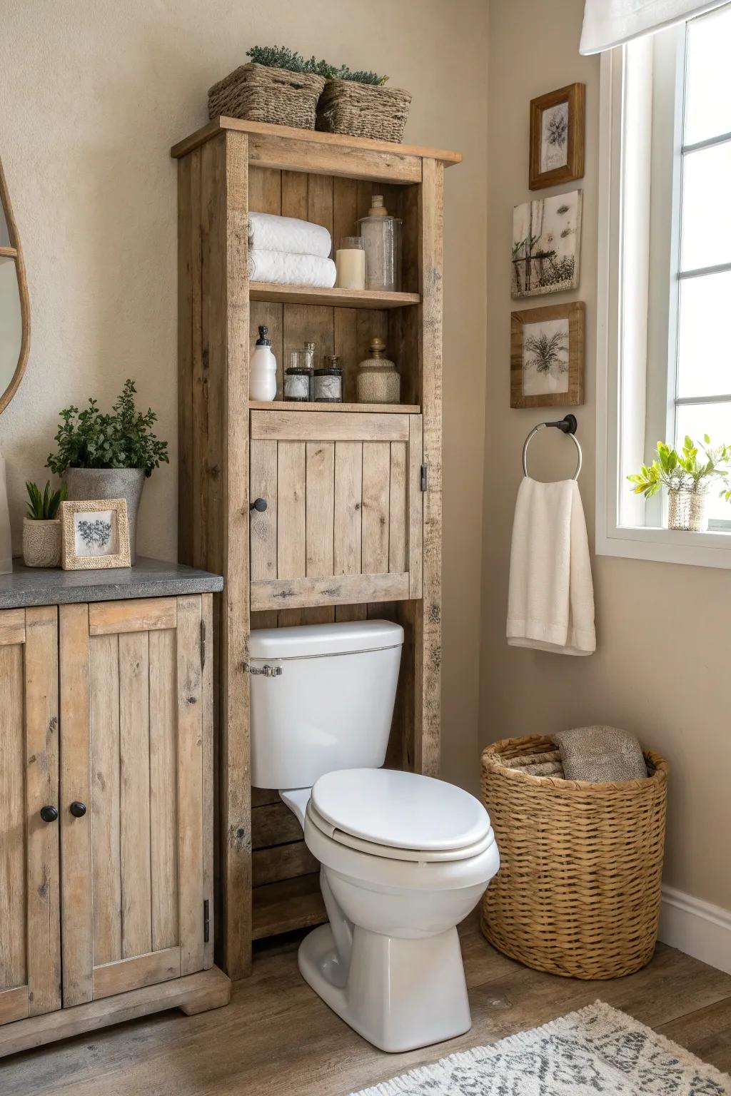 Add rustic charm with a distressed wood cabinet that warms up your bathroom space effortlessly.