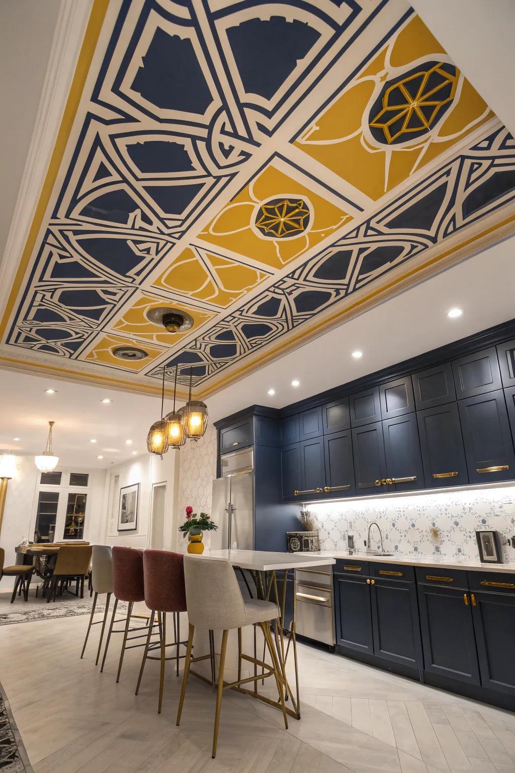 Embrace modernity with bold geometric patterns on your ceiling, creating a visually dynamic space.