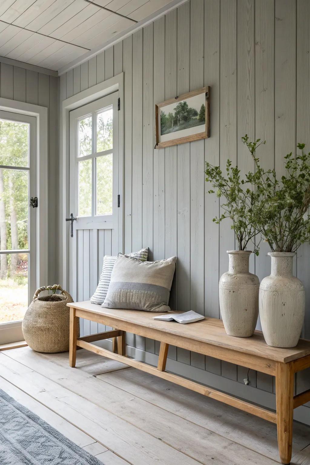 Gray-painted knotty pine walls offer a sophisticated backdrop for elegant decor.