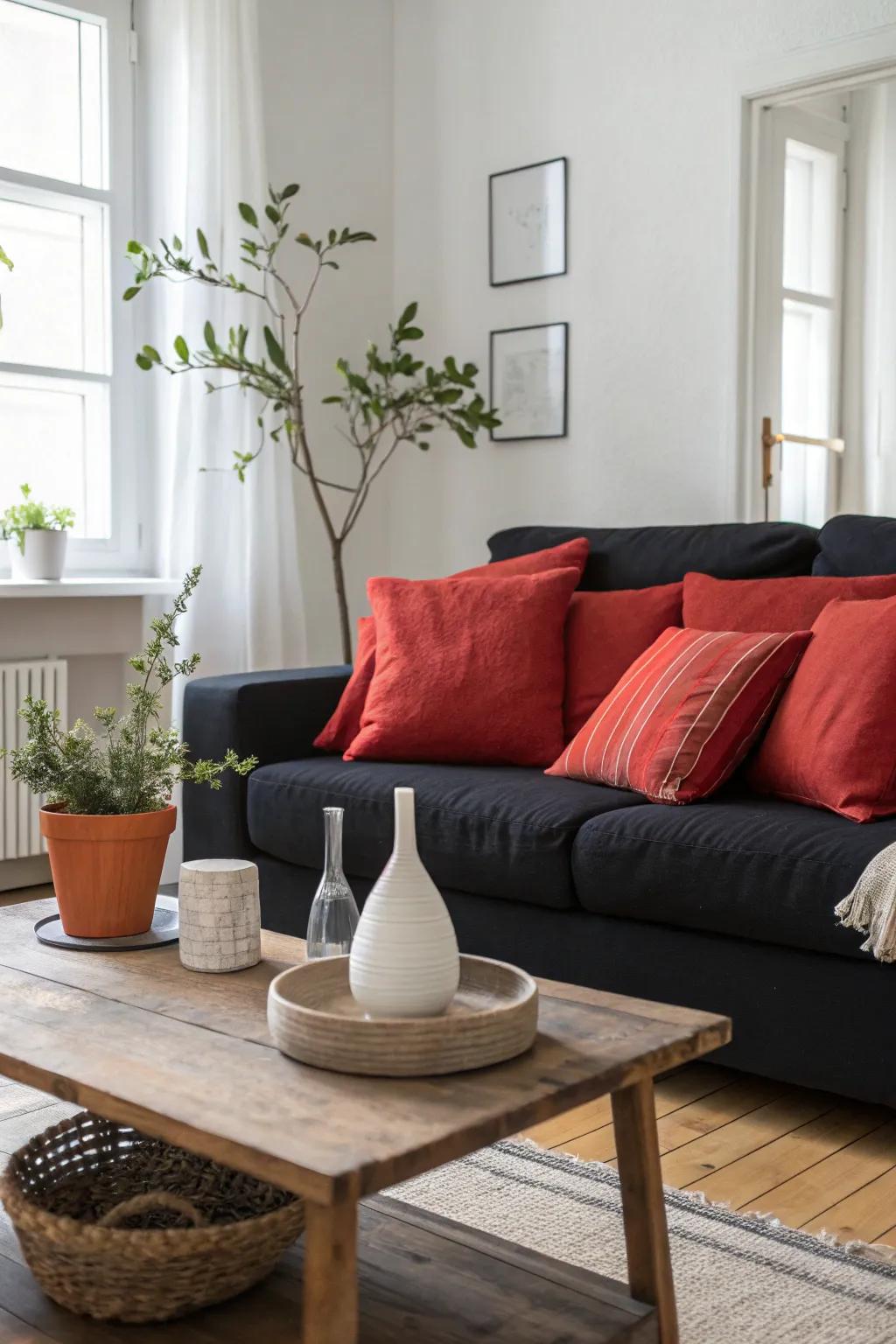 Infuse energy into your living room with bold red pillows that make your black couch pop! ❤️ #BoldDecor #LivingRoomVibes