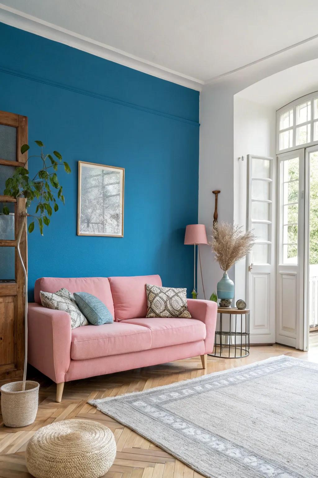 A bold blue wall adds a striking backdrop to your stylish living room.