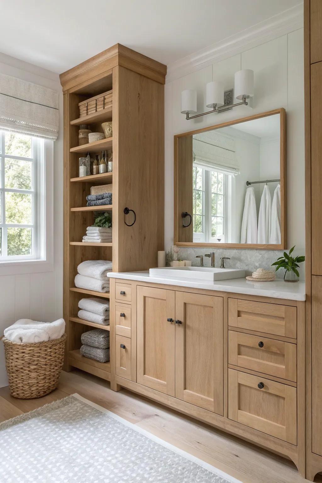 Maximize your bathroom's potential with built-in cabinets that marry function with form.