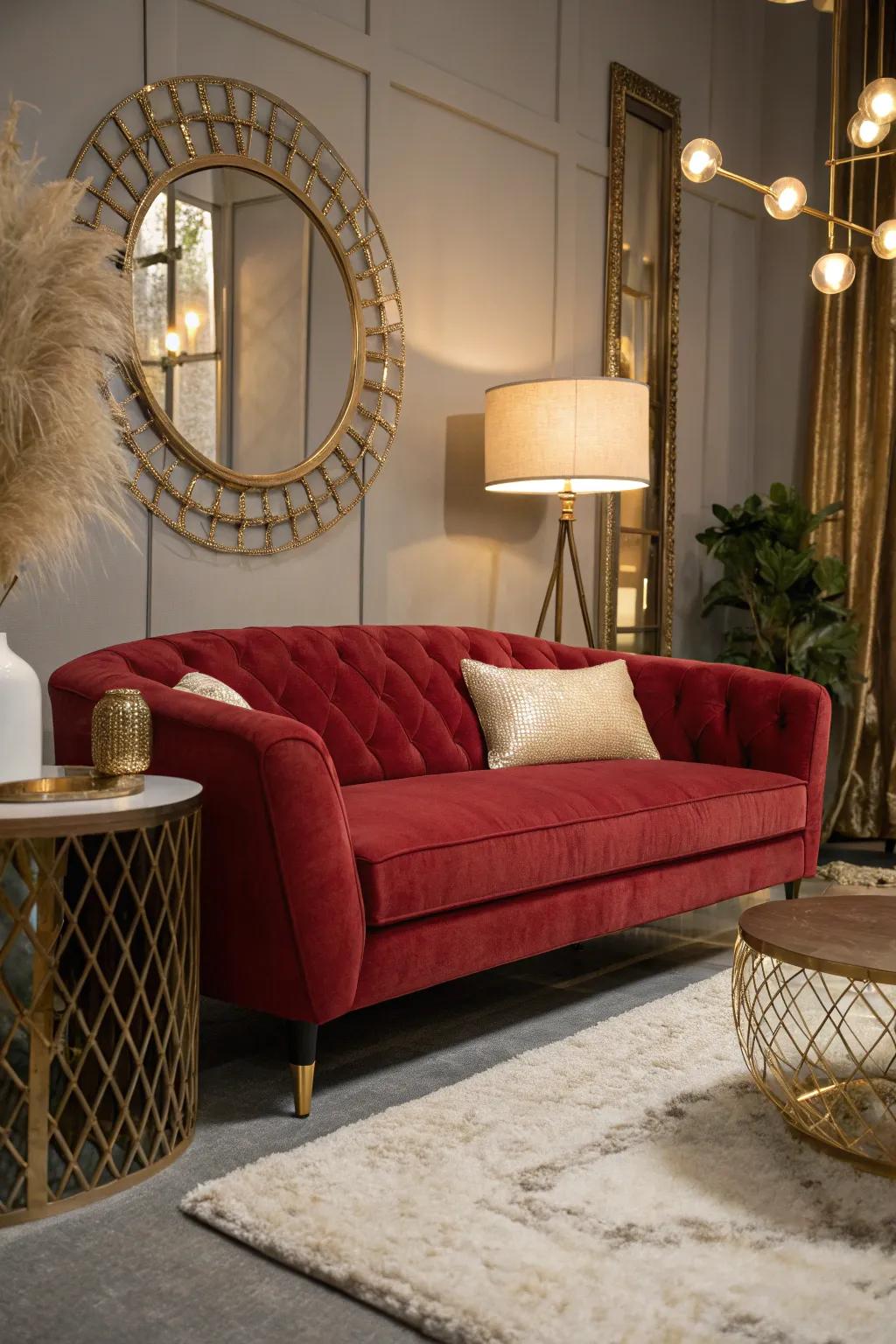A plush red sofa invites warmth and serves as a stunning centerpiece in any living room.