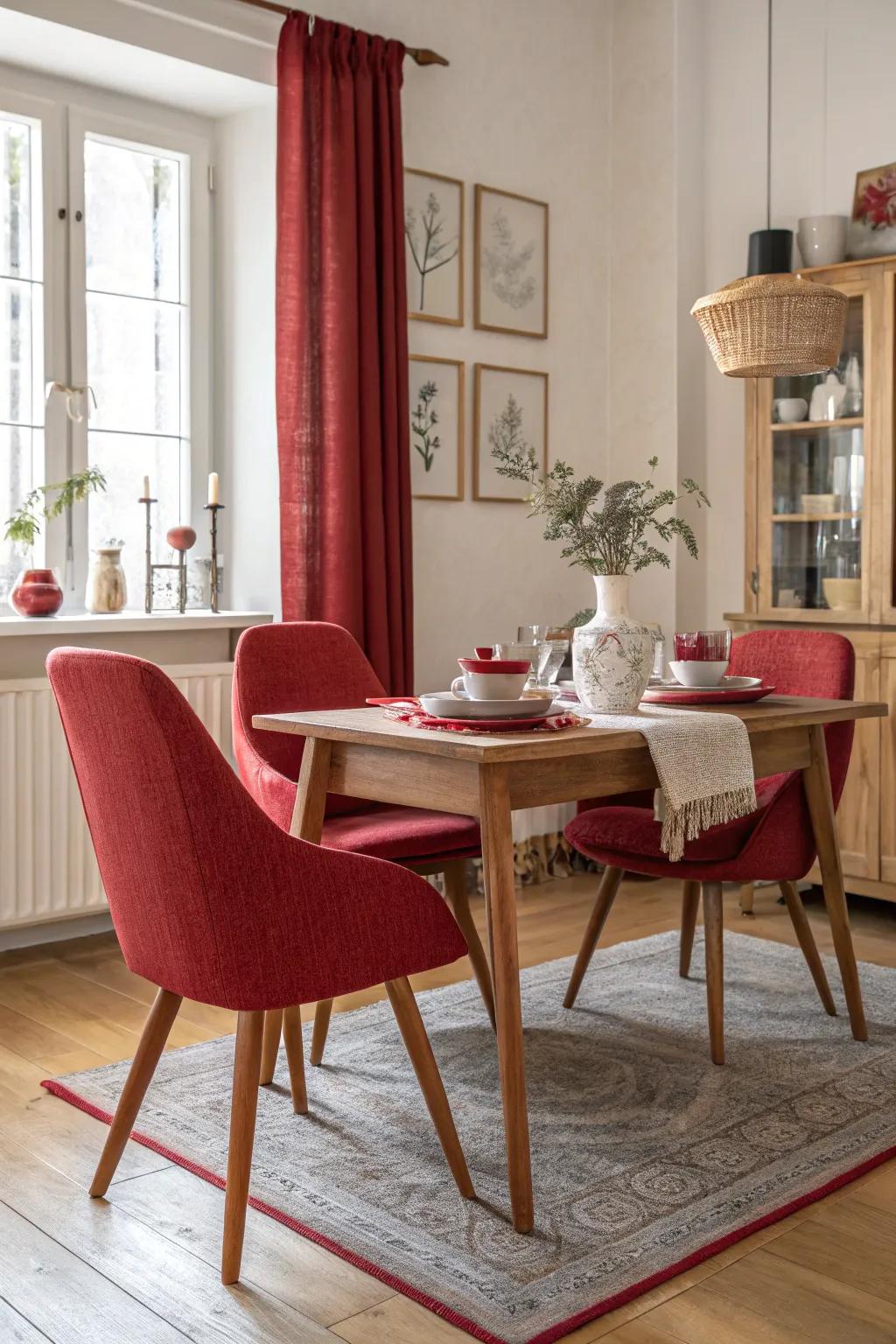 A pop of red through accent furniture can transform a dining space with minimal effort.