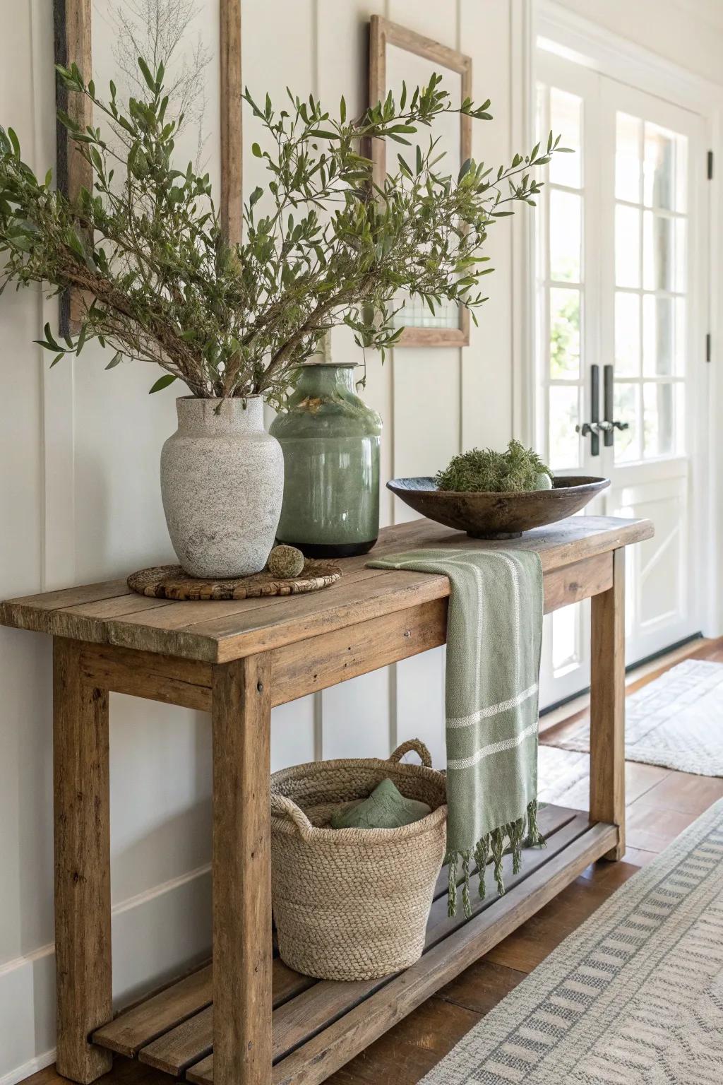 Bring nature indoors with fresh greenery that enlivens your rustic entry table.