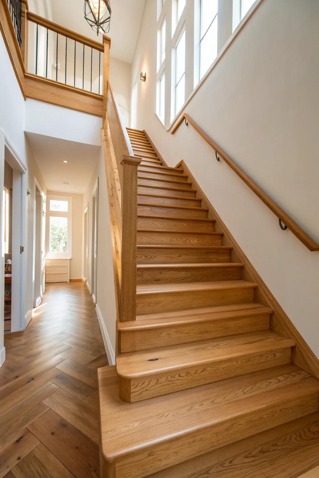 Natural wood tones bring warmth and continuity to your staircase design.