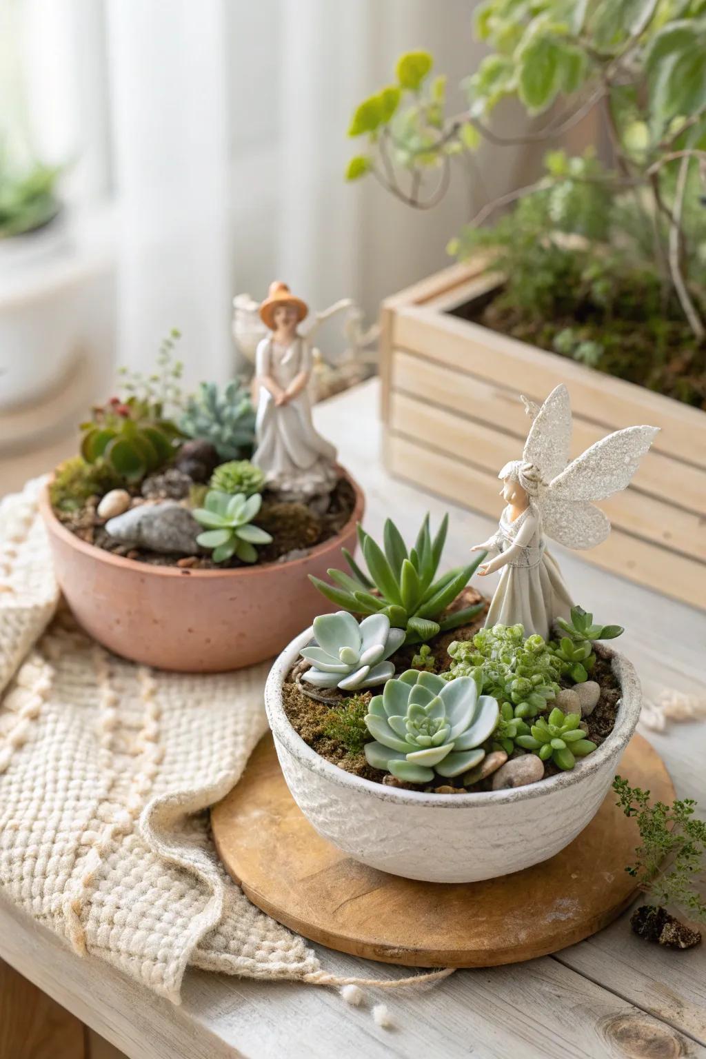 Create a magical mini-world with succulents and charming fairy accents for a delightful indoor garden.