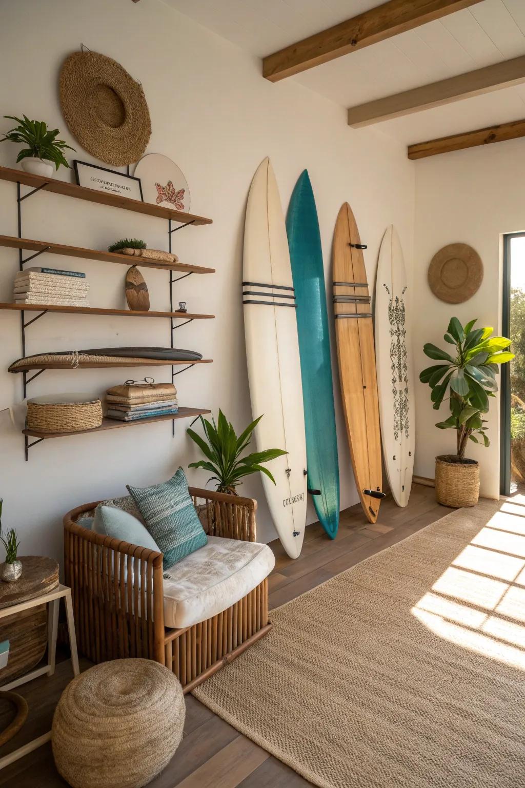 Let your surfboards shine as wall art with horizontal mounts that add a unique touch to any room.