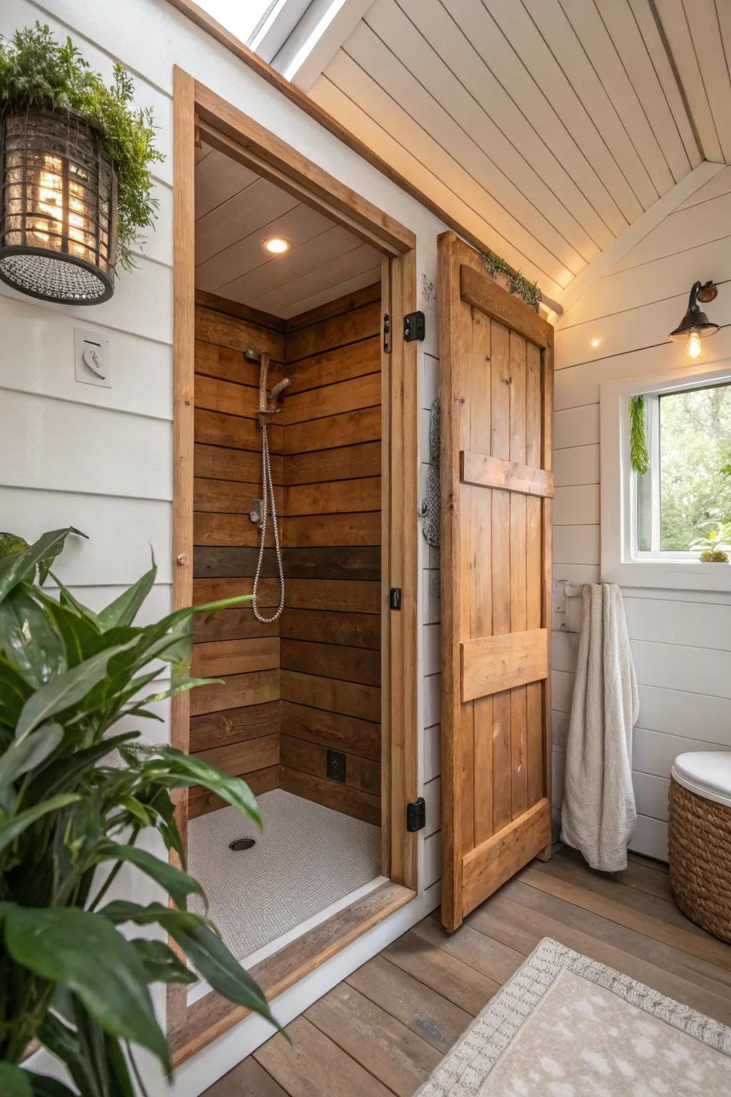 Bring the outdoors in with a rustic wooden shower that adds warmth and charm to your tiny house.
