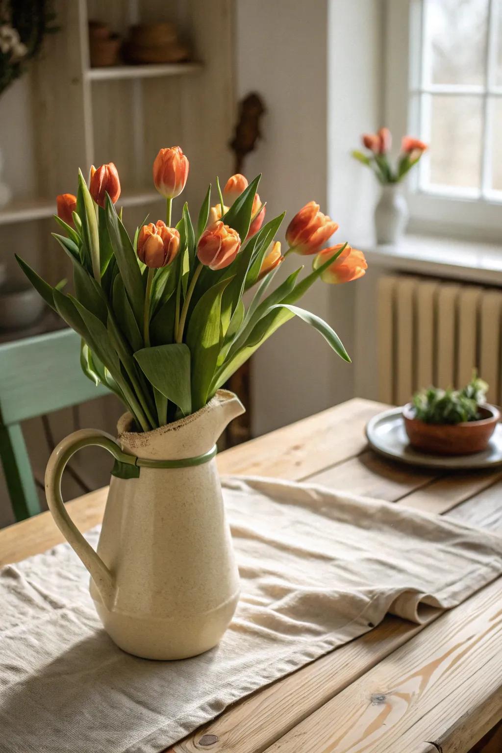 Embrace rustic charm with tulips in a vintage jug, perfect for cozy spaces.