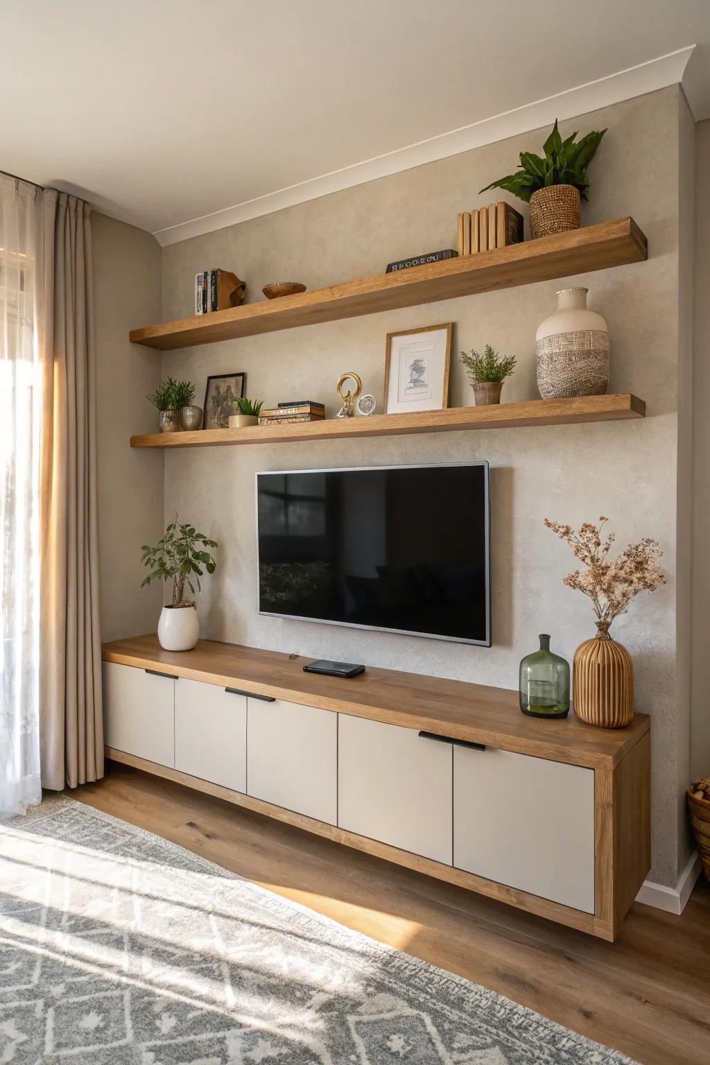 Wall-mounted TVs open up your space while keeping it stylish with floating shelves. 🌿📚 #SpaceSaving #ModernLiving