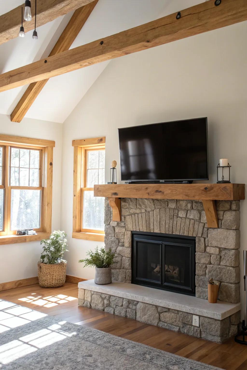 Add warmth with rustic elements like wood and stone in your TV over fireplace setup. #RusticCharm #HomeInspiration