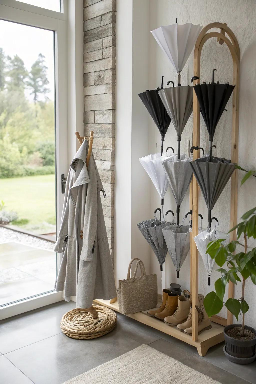 Elevate your decor with a monochrome umbrella theme for a chic look.