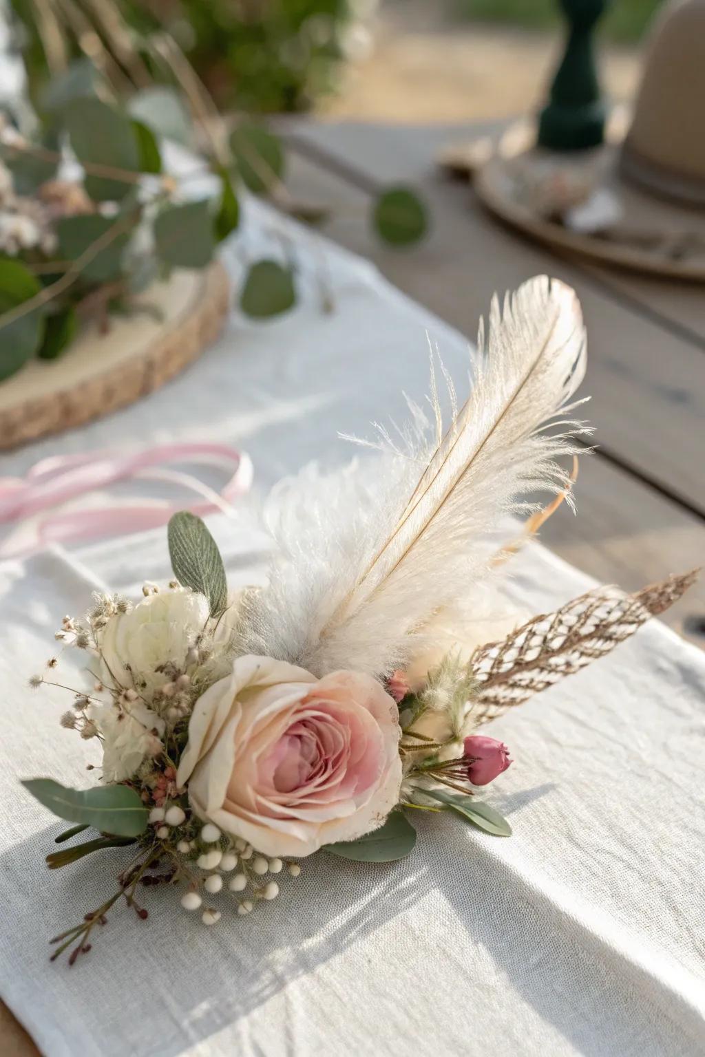Float into elegance with a feathered corsage that dances with every step.