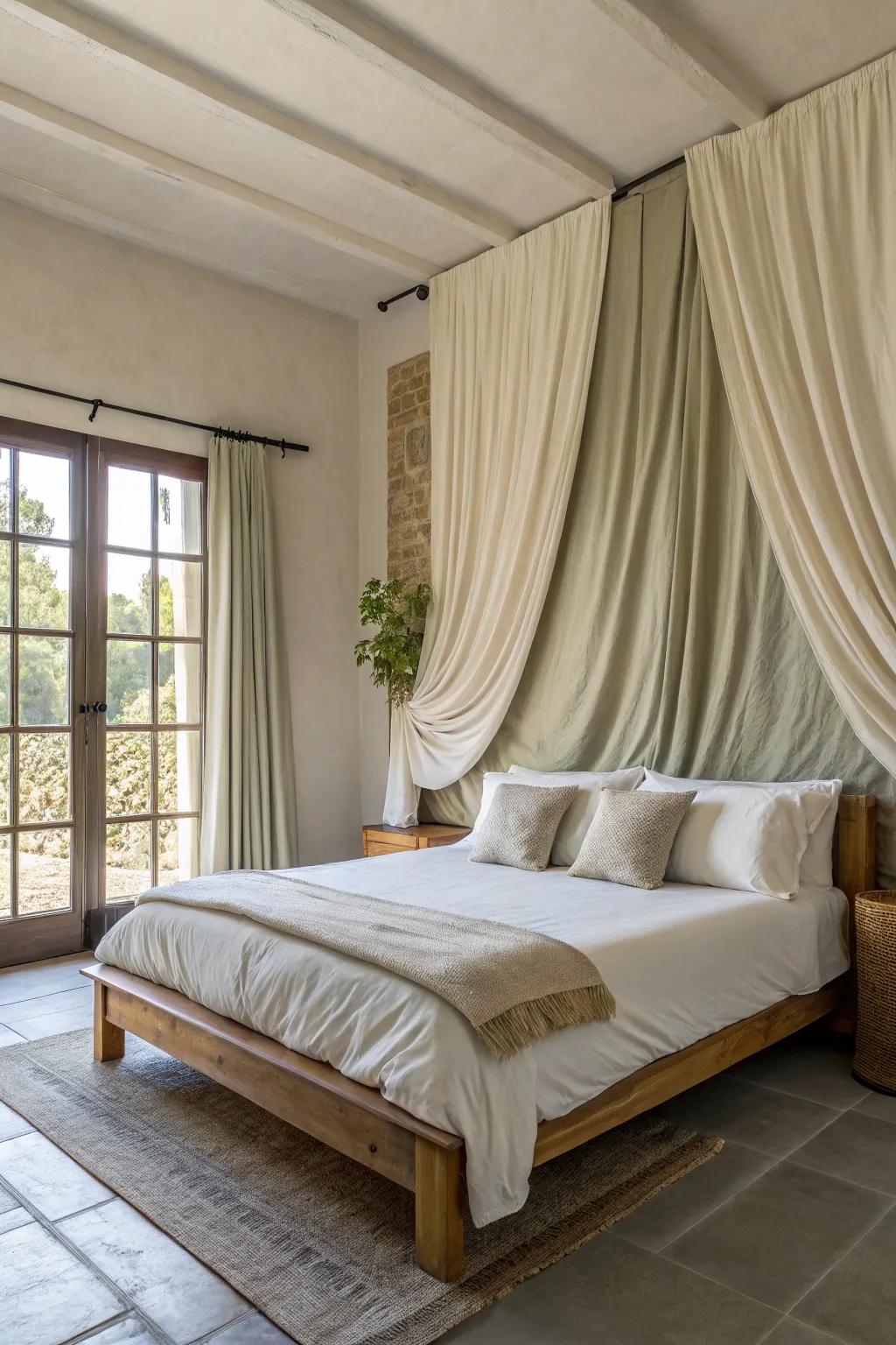 Wrap your walls in luxurious fabric panels for a cozy and inviting bedroom atmosphere.