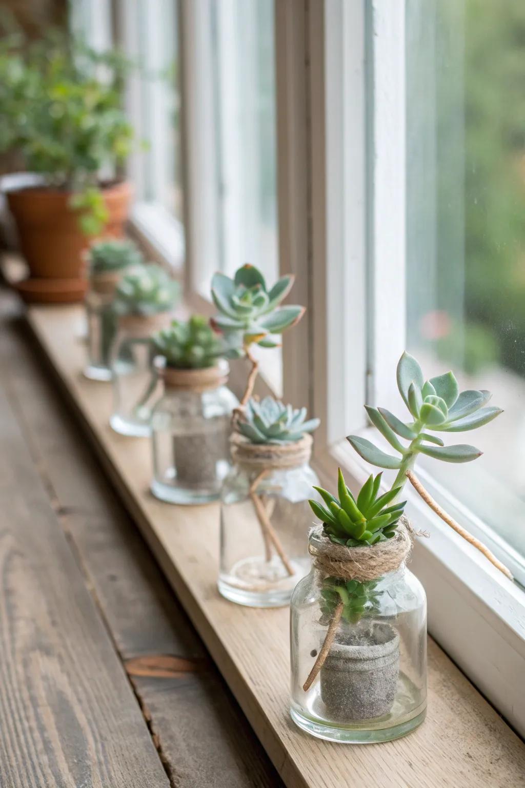 Bring a bit of greenery indoors with tiny succulent gardens in mini glass bottles. 🌿 #SucculentLove #MiniGarden
