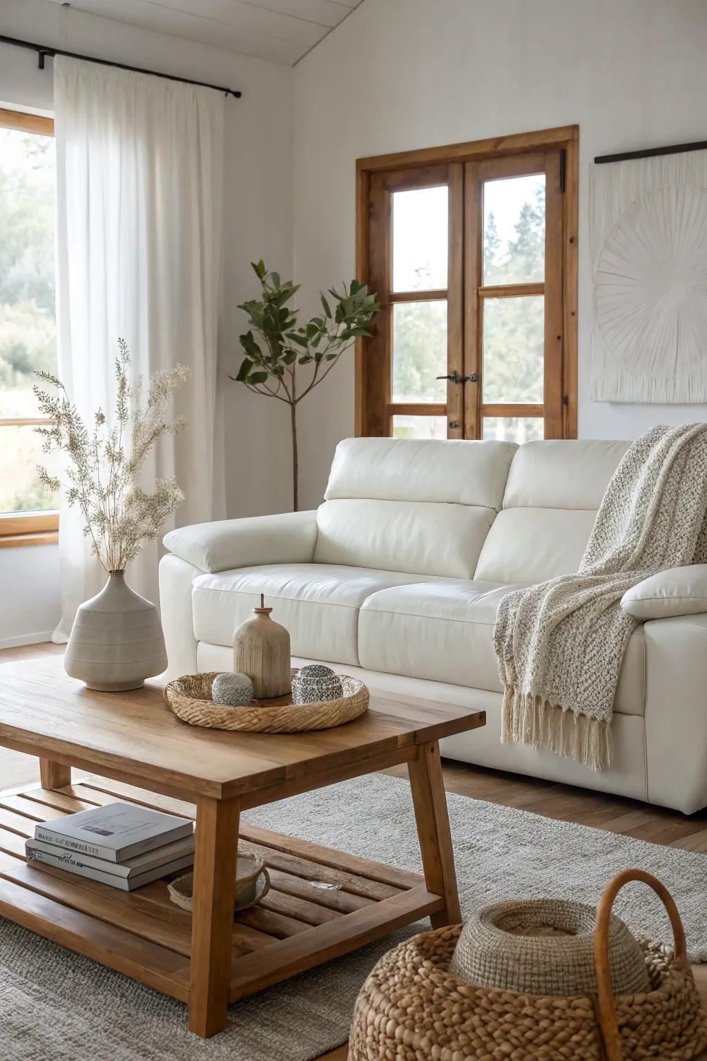 Wooden accents provide a warm contrast to the sleek elegance of a white leather sofa.