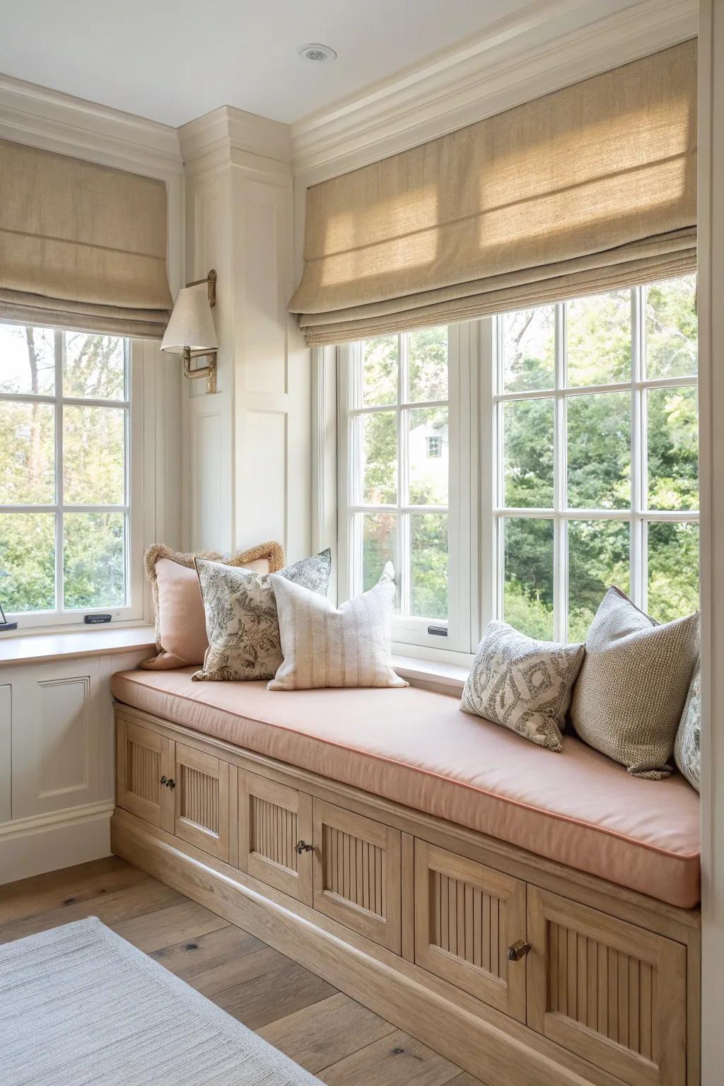 Sophisticated Roman shades bring a touch of elegance to your window seat.