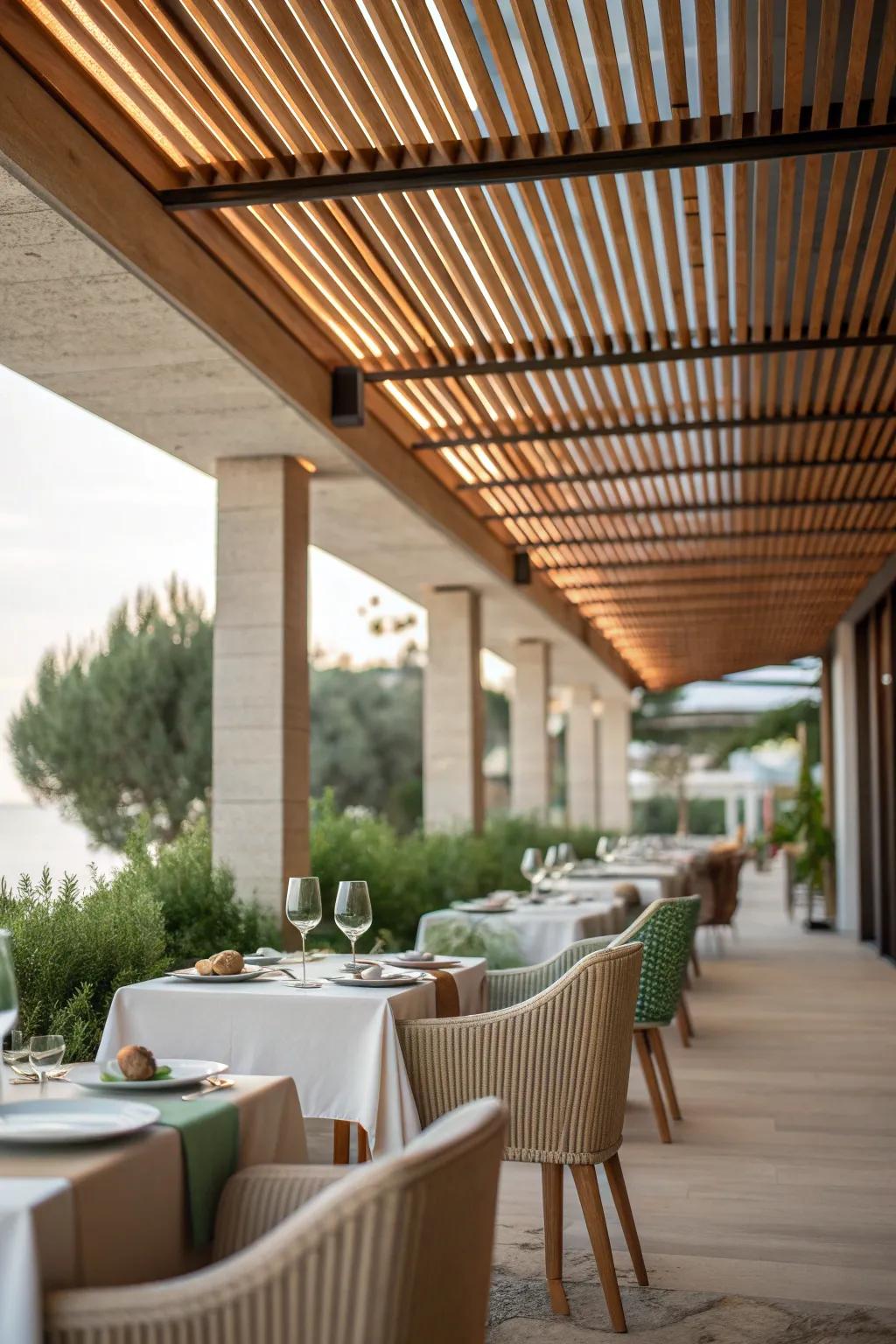 Make every meal special with a dining room adorned with a chic wood slat ceiling.