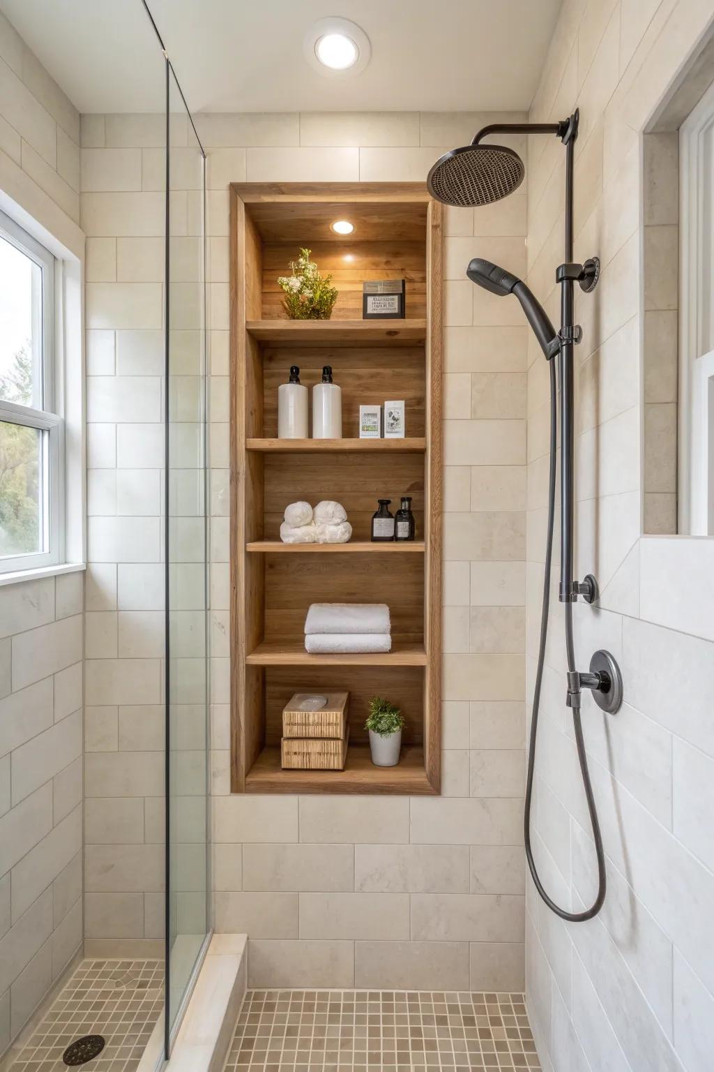 Smartly designed niches offer storage without sacrificing style or space. 🛁 #BathroomDesign
