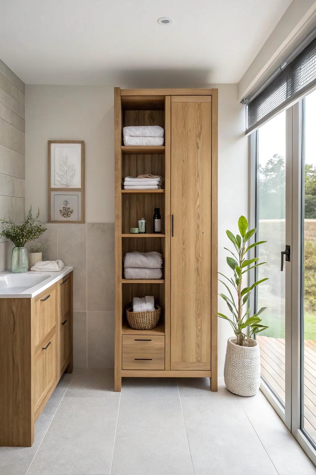 Reach new heights in storage by using vertical space to keep your bathroom organized and clutter-free. 📚 #SmallSpaceSolutions #BathroomStorage #HomeDecor