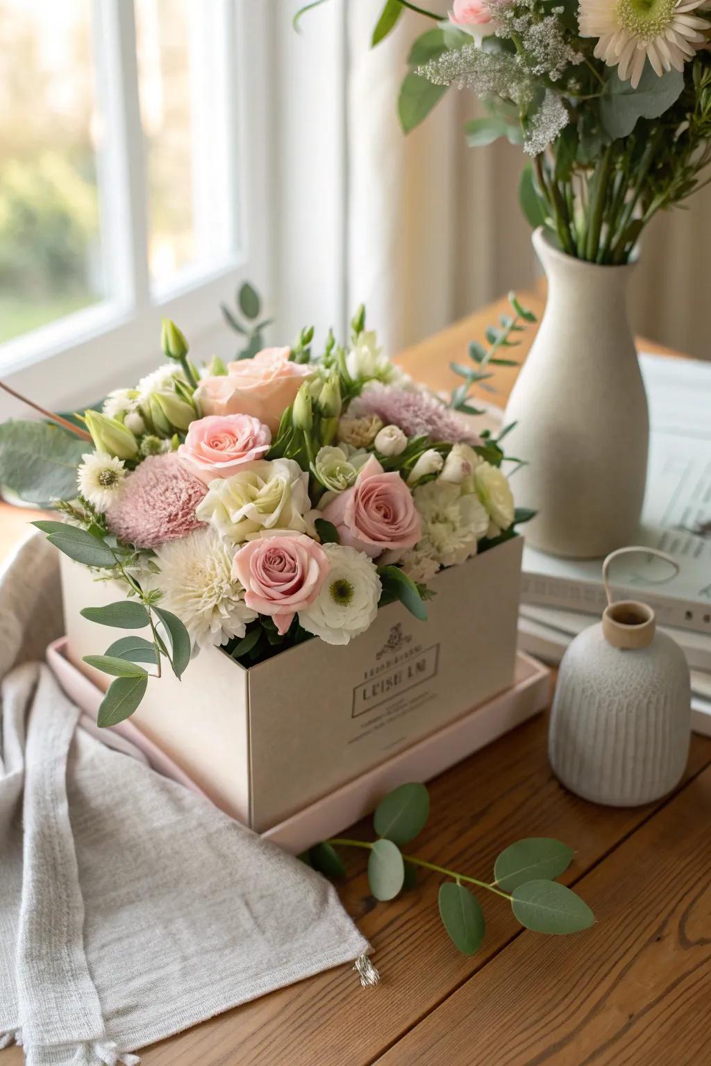 Surprise your partner with a chic and modern floral box arrangement. 🌸 #FloralDesign #AnniversaryGift