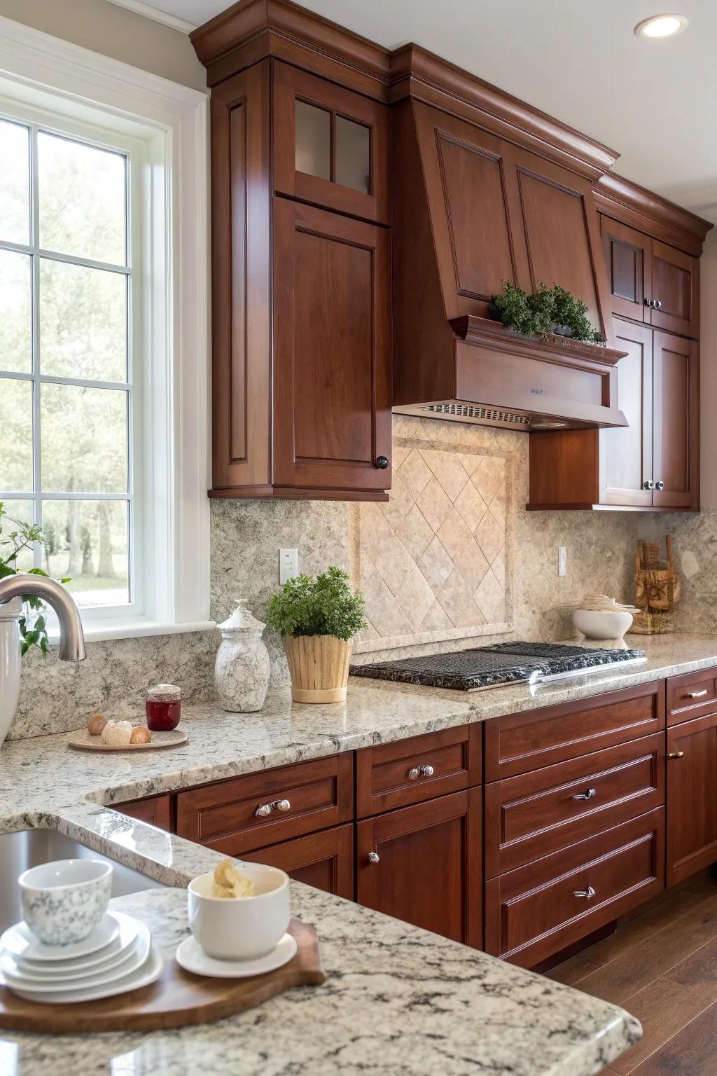 ✨ Elevate your kitchen with a luxurious granite backsplash that pairs beautifully with cherry cabinets. #KitchenDesign #HomeDecor #InteriorInspiration