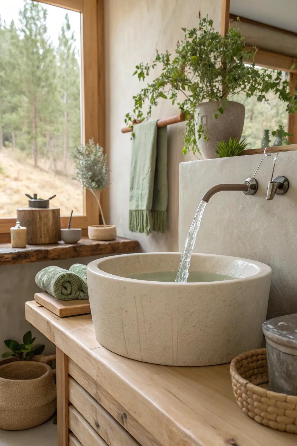 Experience the serenity of nature at home with a waterfall faucet that transforms your bathroom into a personal spa. #BathroomOasis #HomeSpa