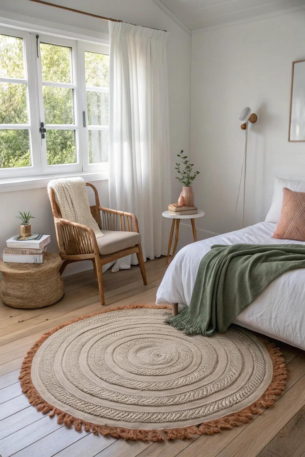 Break the monotony with a round rug, adding a unique flair to your bedroom's design. 🌟 #UniqueRug #BedroomDecor #InteriorInspiration