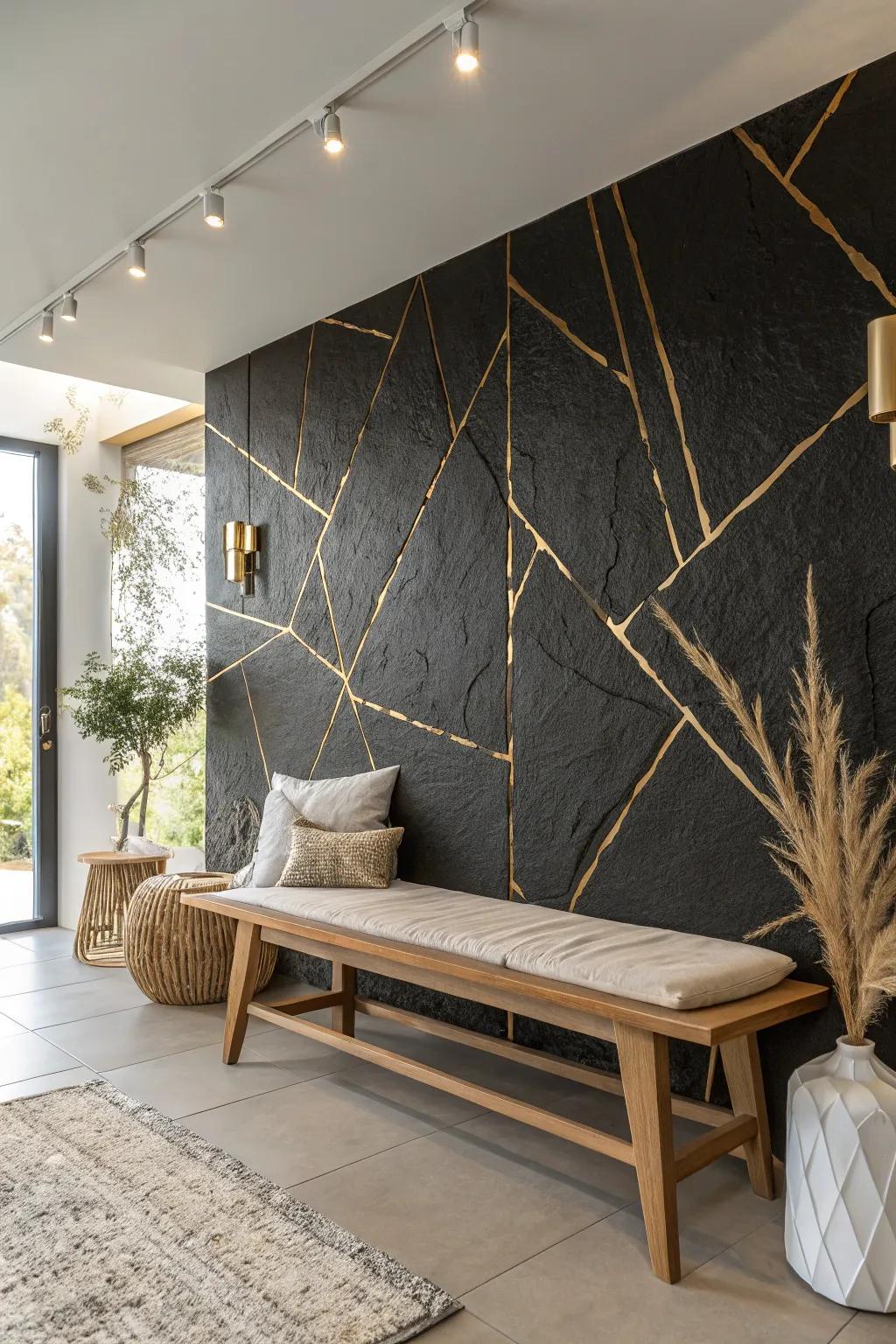 Dive into texture with a matte black wall that makes gold accents pop! 🎨 #TexturedWalls #HomeInspiration