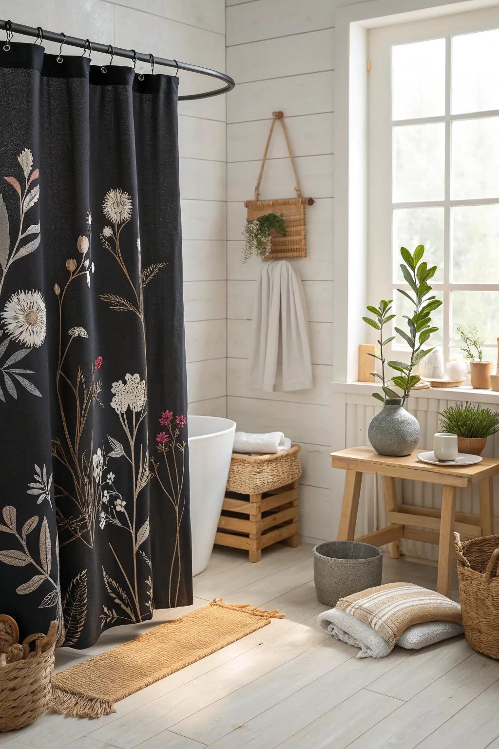 Bring nature indoors with a floral motif black shower curtain 🌿 #FloralDesign #BathroomStyle #HomeDecor