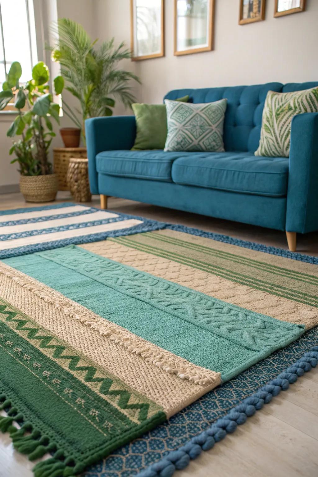 Layered rugs in lush colors create a warm and inviting atmosphere. 🌿 #LivingRoomGoals #CozyVibes