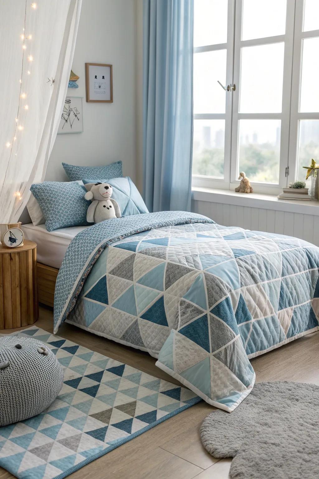 Geometric patterns add a dynamic edge to this blue and grey bedroom. 🛌✨ #BedroomStyle #GeometricDesign