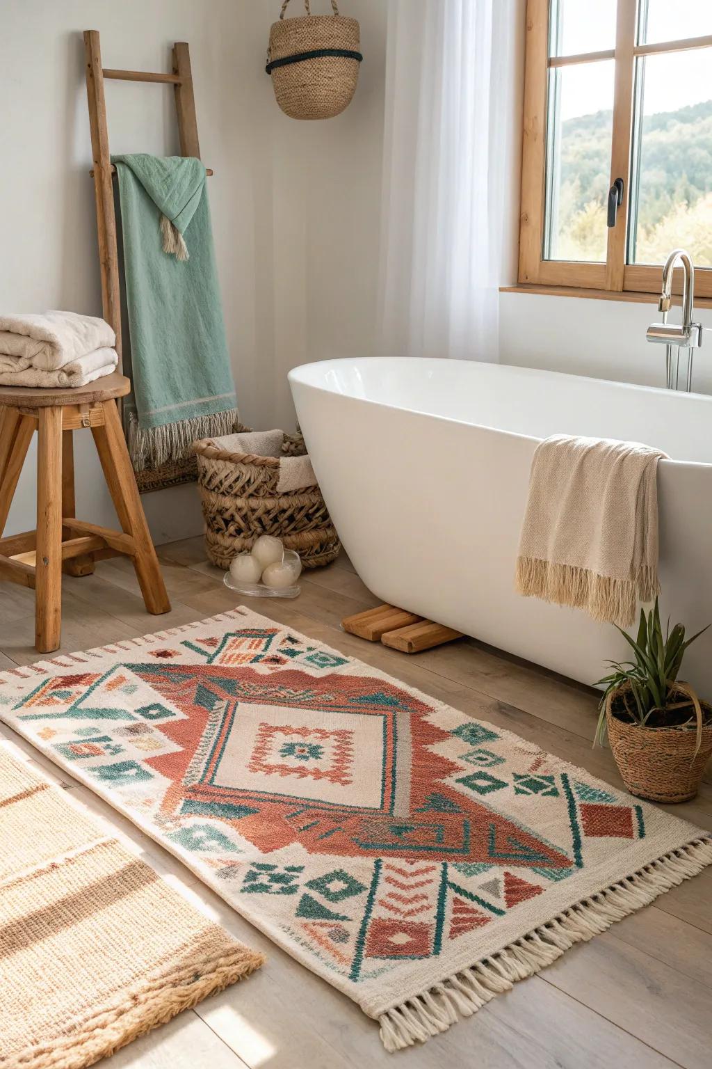 Layer up with vibrant textiles to weave a tapestry of warmth and culture. 🌿 #BohoChic #BathroomGoals