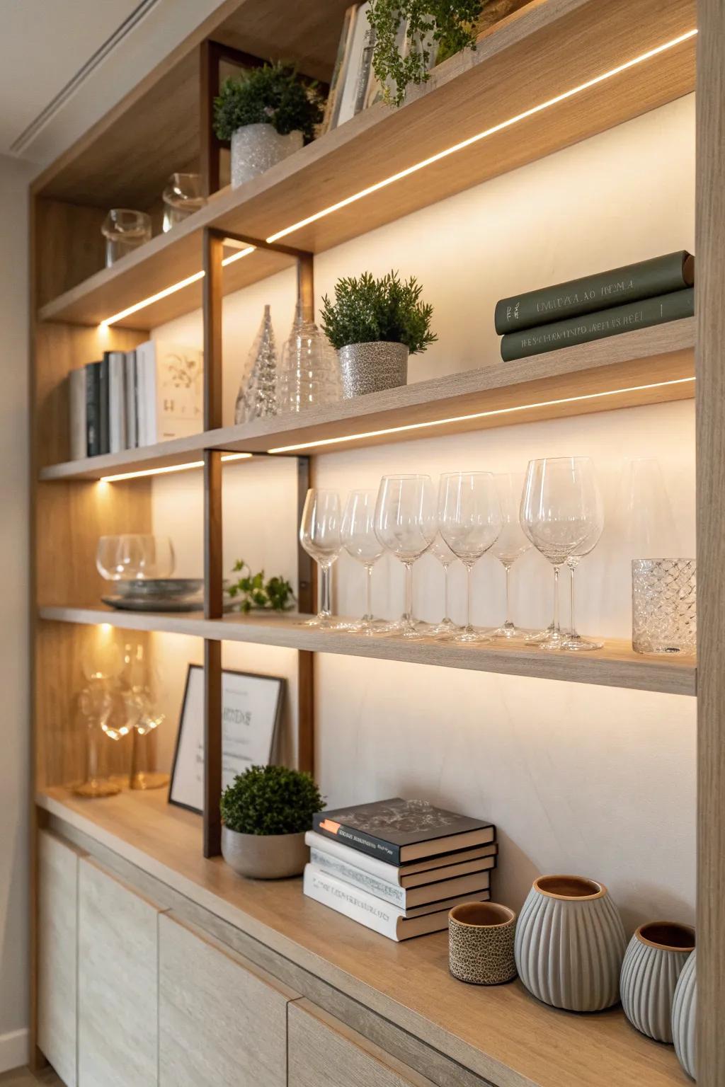 Create a dazzling display with backlighting and mirrors that make your home bar shine. 🌟 #InteriorDesign #BookshelfBar #HomeStyling