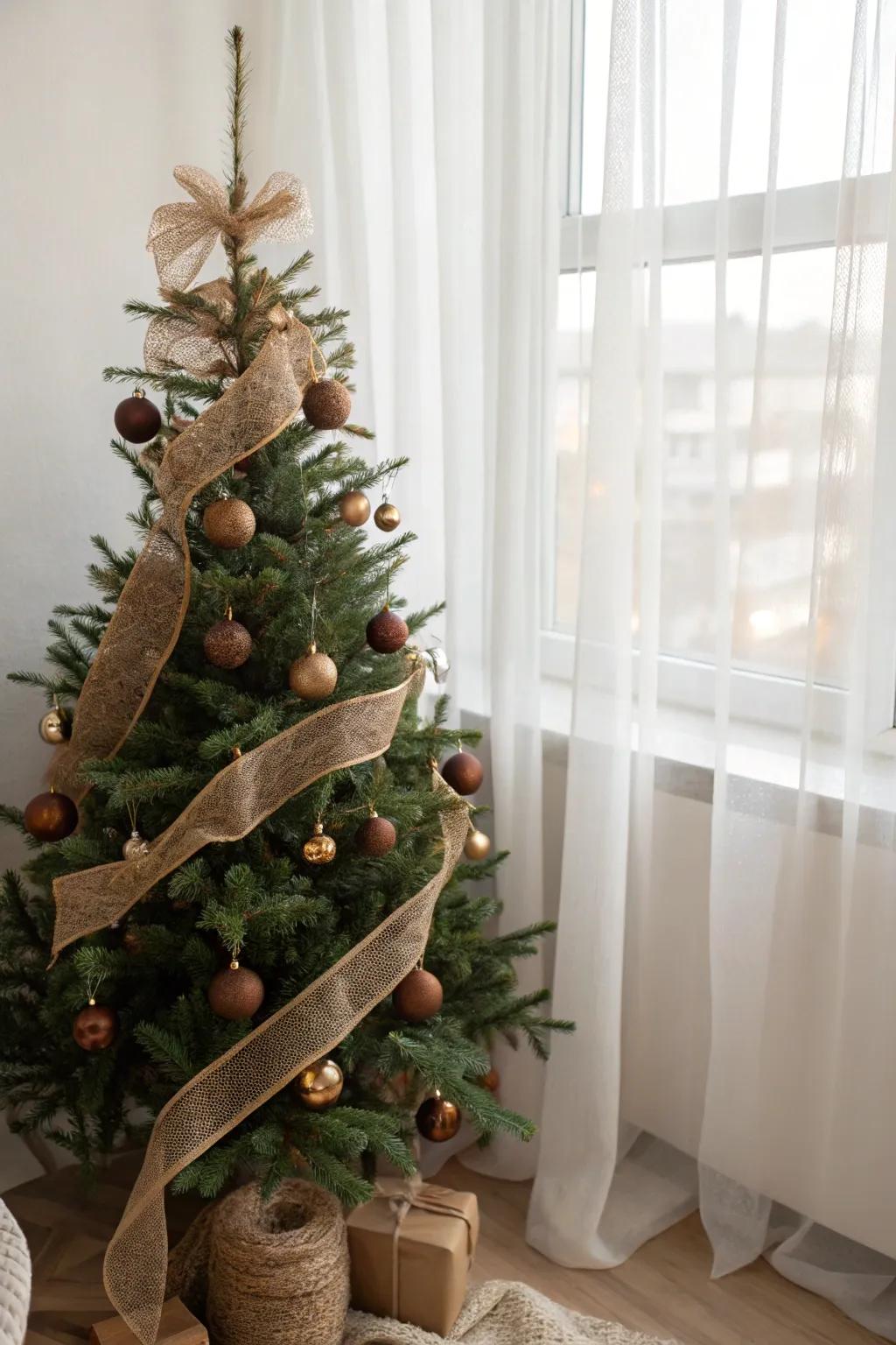 Burlap ribbons weave through the branches, offering a touch of rustic elegance to this festive tree. 🎀 #HolidayDecor #RusticChristmas