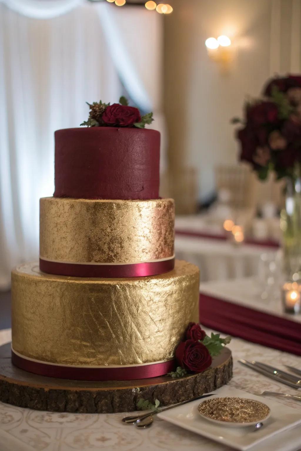 Textured metallic gold layers add drama and sophistication to this stunning burgundy cake. ✨ #CakeArt #SophisticatedDesign