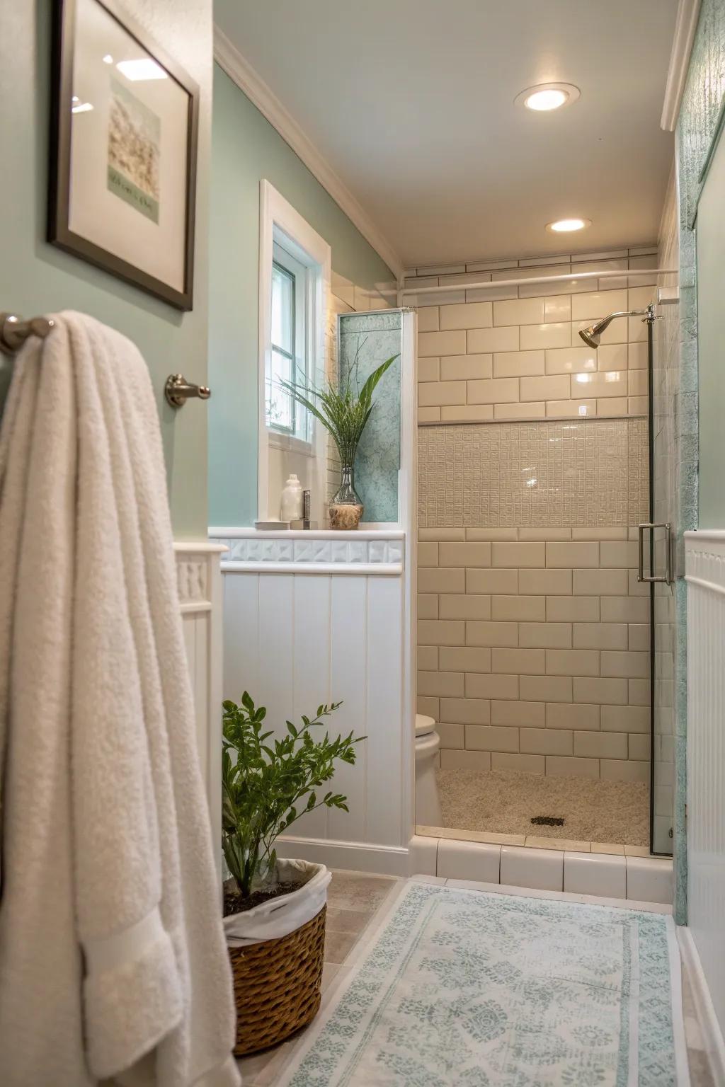 Revitalize your shower with a splash of paint! 🎨 Keep it fresh and durable with moisture-resistant options. #BathroomRefresh #DIYDecor #BudgetFriendly