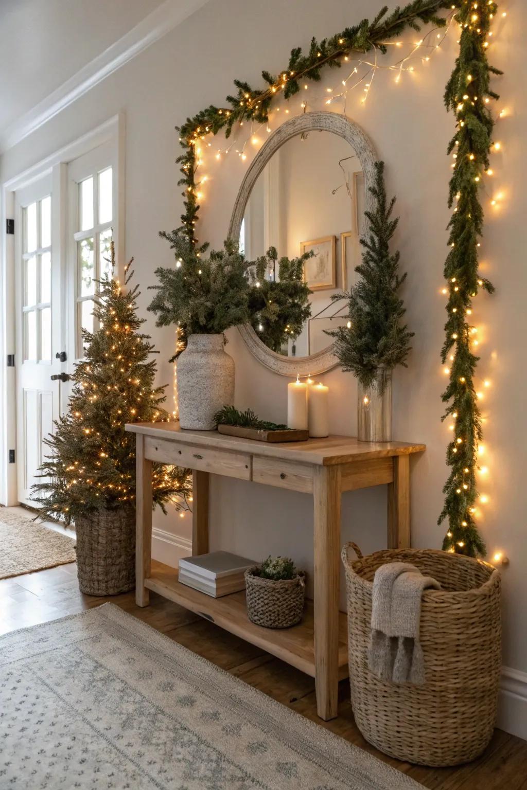 Fairy lights add a magical, cozy glow to your entryway, perfect for winter evenings. 🌟
