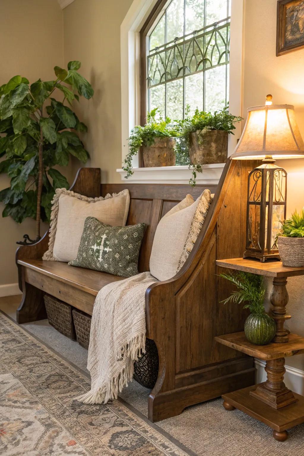 Bring a touch of history to your living room with a charming church pew. Perfect for cozy gatherings. 🌿 #LivingRoomDecor #CozySpaces