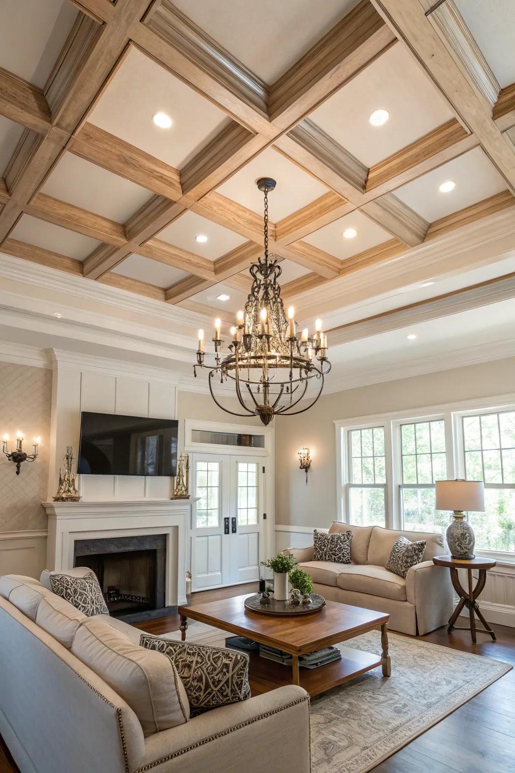 A chandelier provides a classic touch and a focal point for any coffered ceiling. ✨ #ChandelierLove #HomeInspo #CeilingDesign
