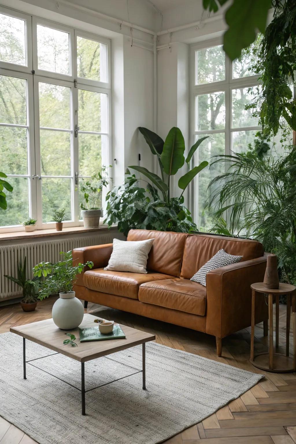 Bring the outdoors in with lush greenery around your cognac couch. 🌿 #PlantLovers #InteriorDesign