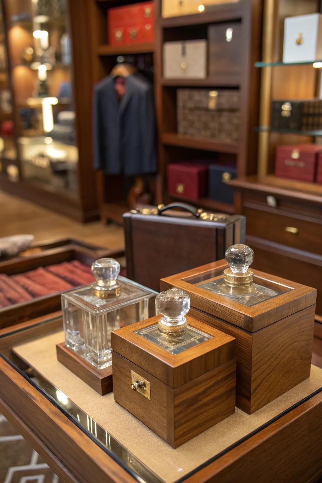 Elegance meets functionality with wooden display boxes that beautifully showcase your colognes. 🌿 #HomeDecor #ElegantStorage