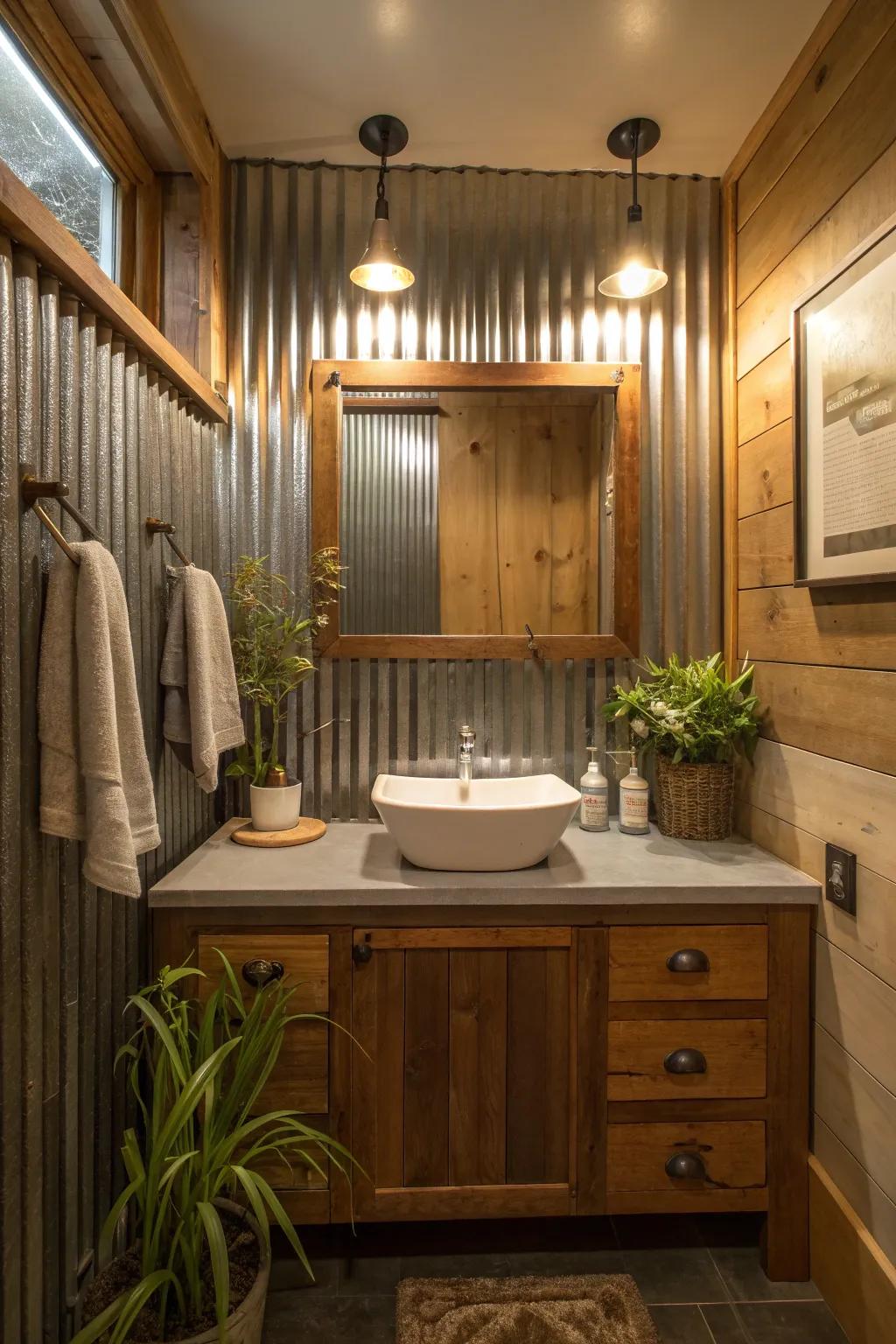 Add a dash of industrial flair with a corrugated metal backsplash. #BathroomInspiration #IndustrialChic #HomeDecor