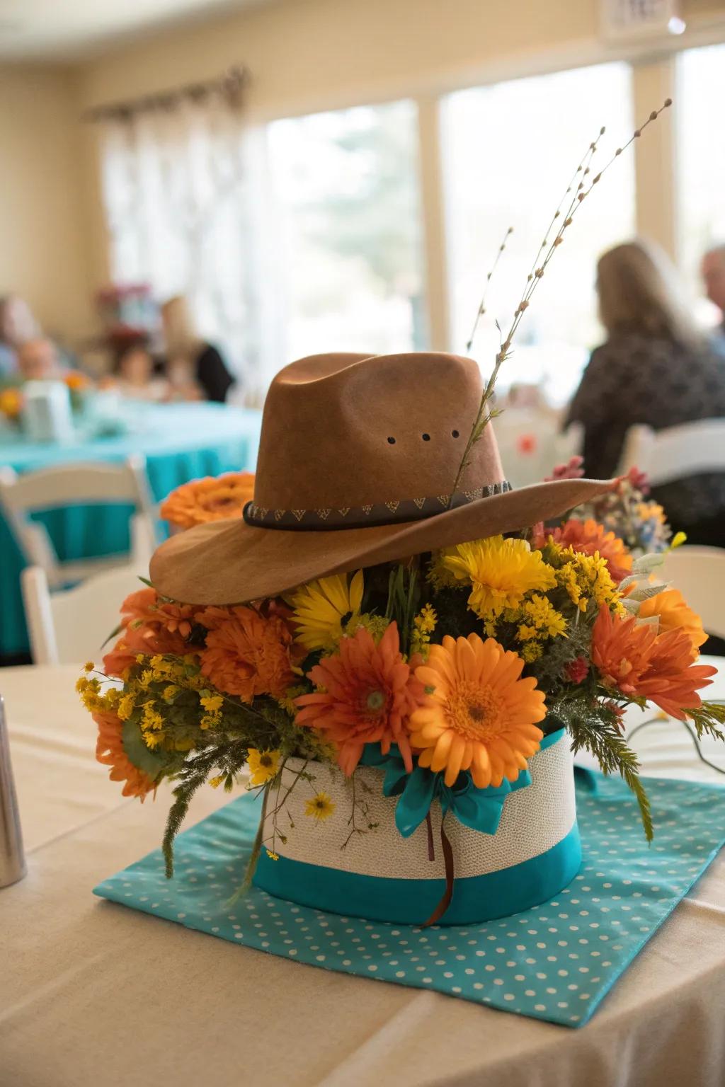 Turn ordinary cowboy hats into extraordinary centerpieces that guests will adore 🌼 #CreativeDecor #TableStyling