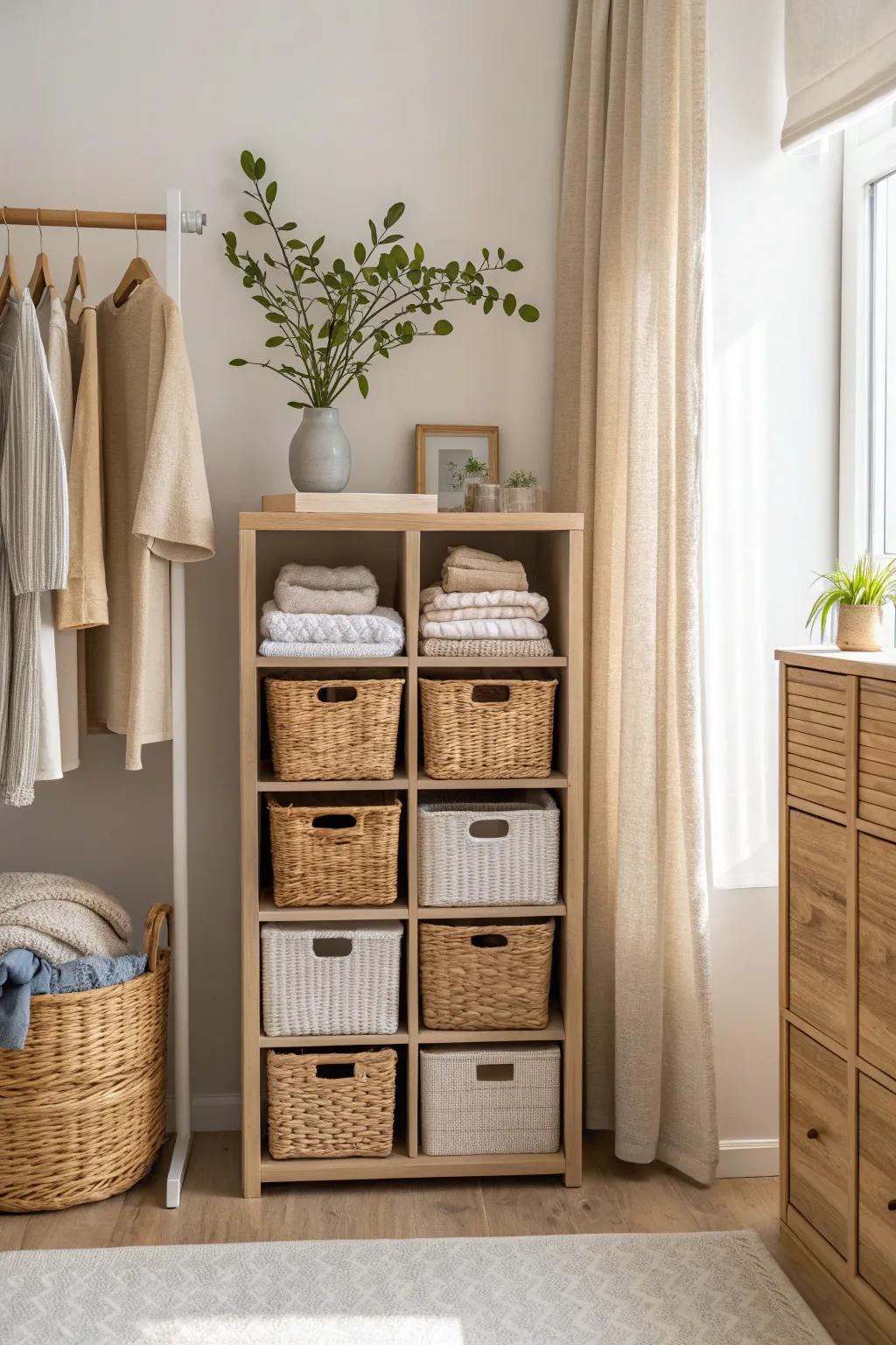 Keep your closet clutter-free with stylish storage baskets. 🧺 #StorageSolutions #HomeOrganization