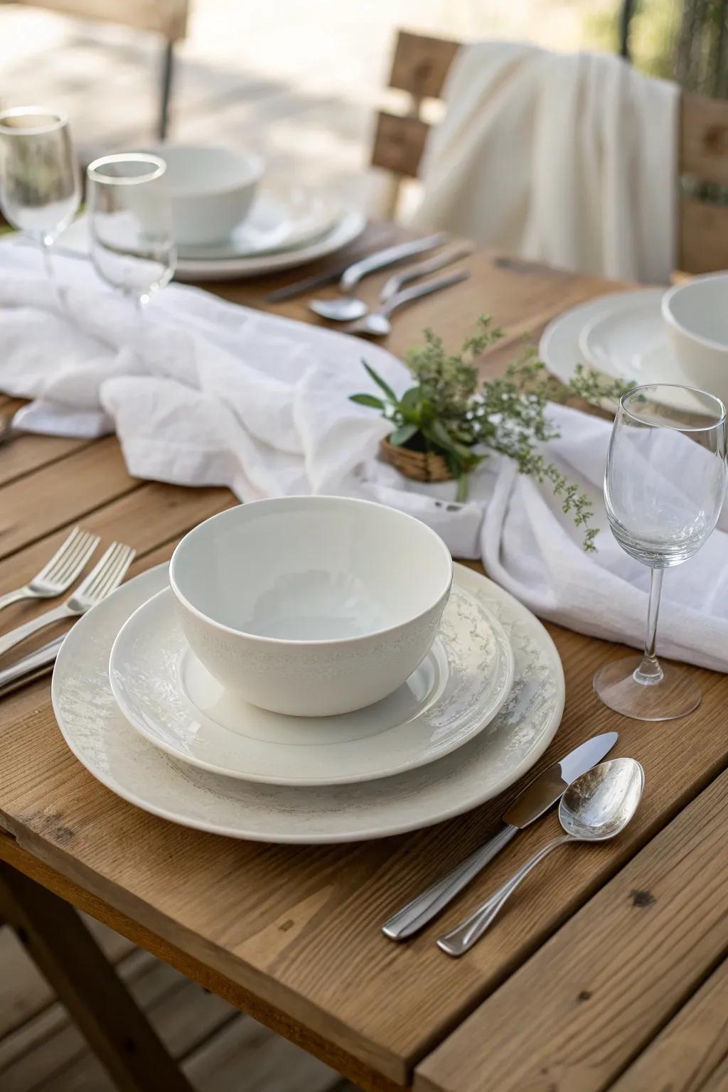 Classic white dinnerware paired with silver flatware for understated elegance. #TableSetting #DinerEnBlanc #DinnerParty