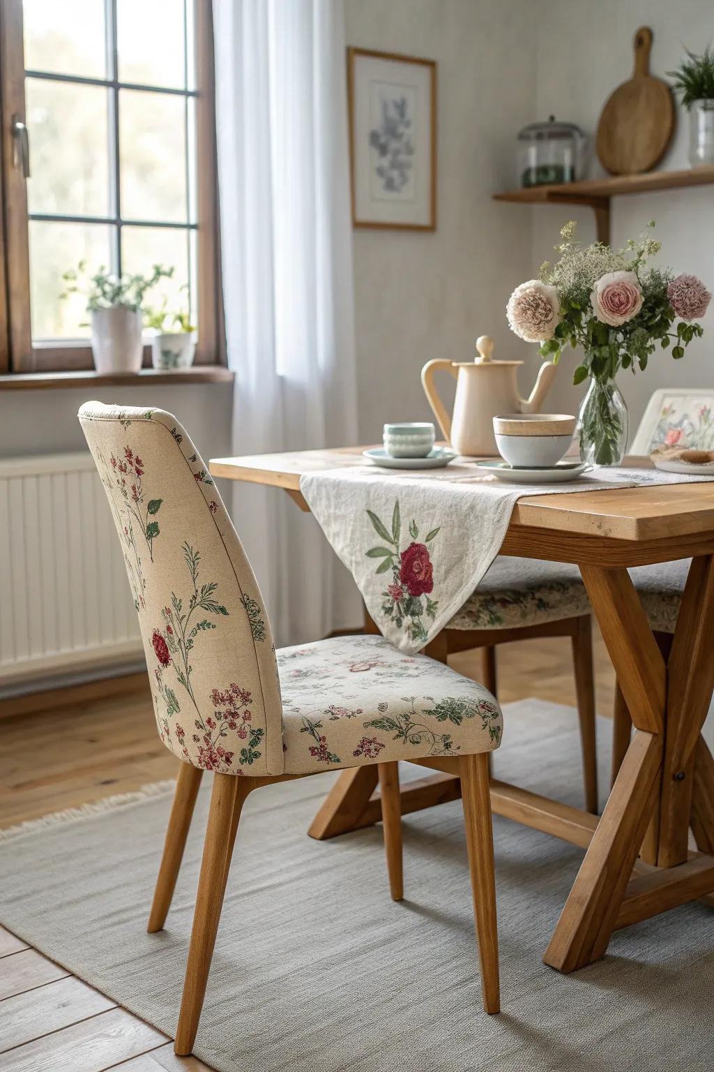 Infuse your dining area with the charm of vintage floral prints for a warm, inviting vibe.