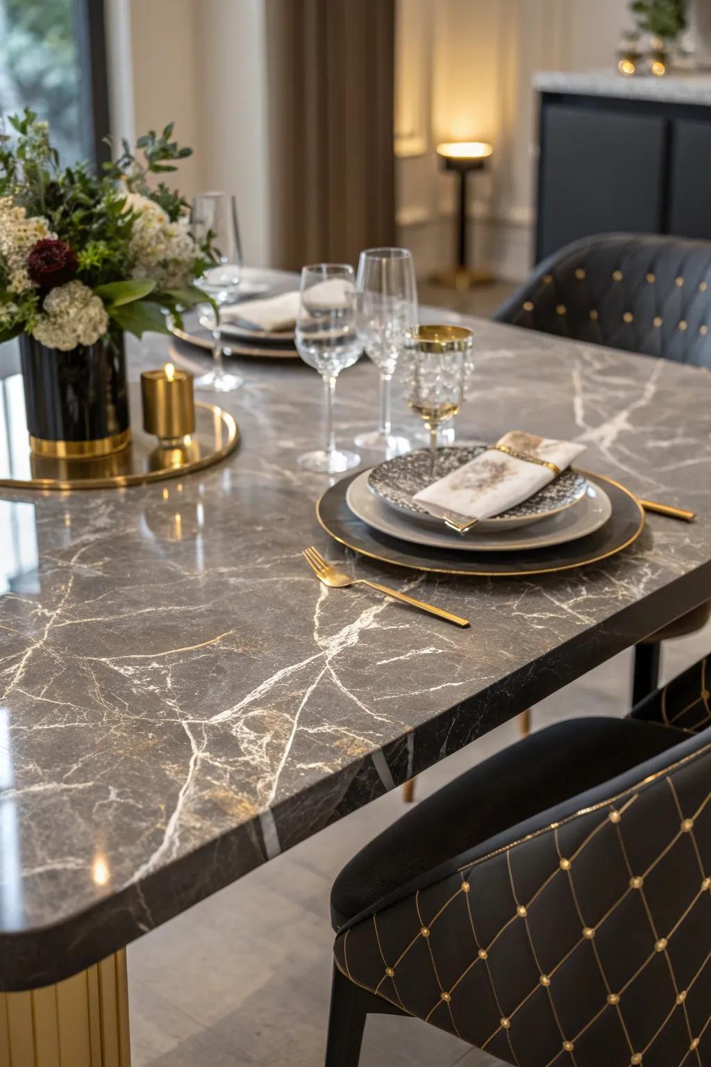 Elevate your space with the timeless elegance of a stone table top. #MarbleMagic #ContemporaryDesign #DiningElegance