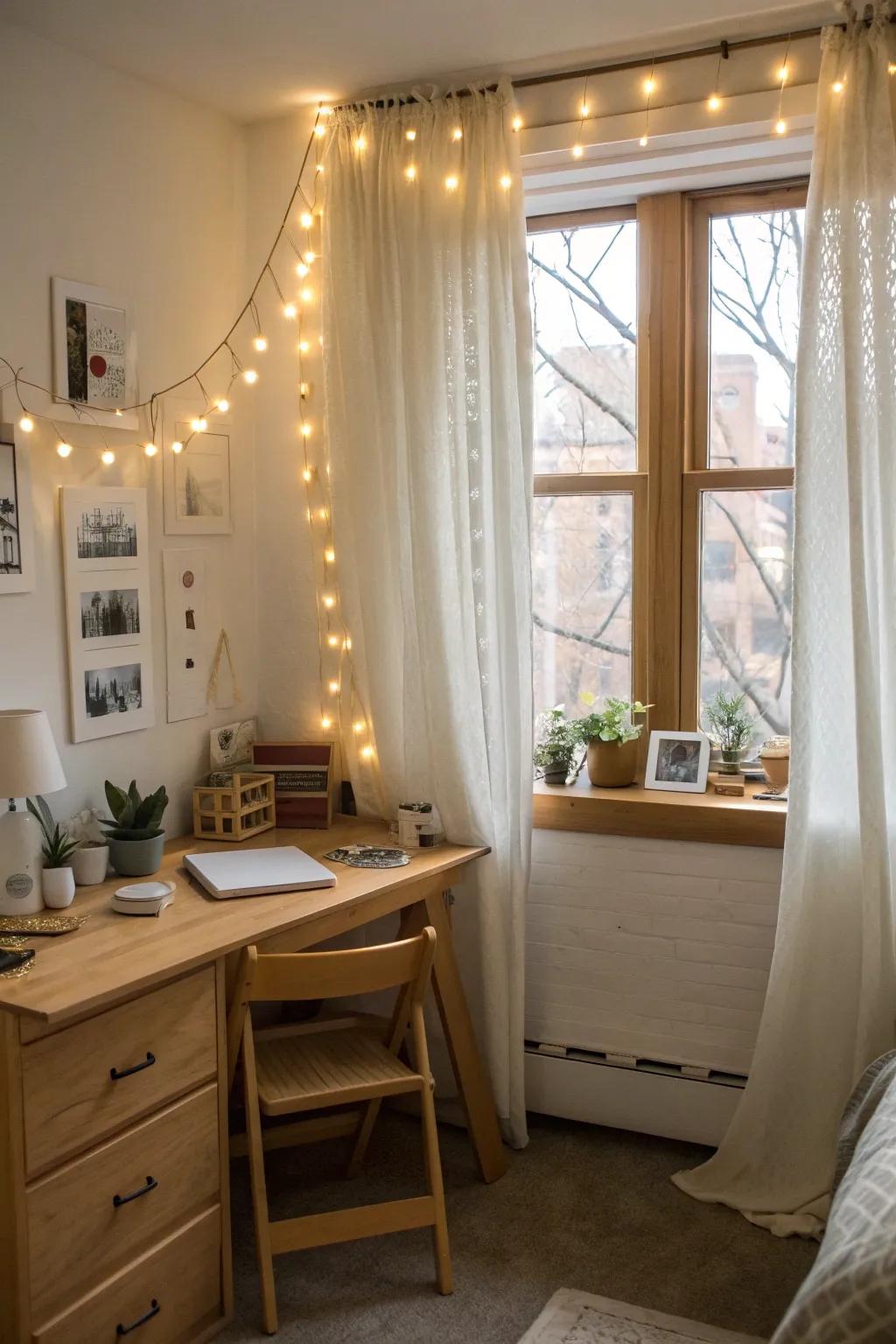 Create a whimsical atmosphere with delicate fairy lights. 🌟 #DormDecor #FairyLights